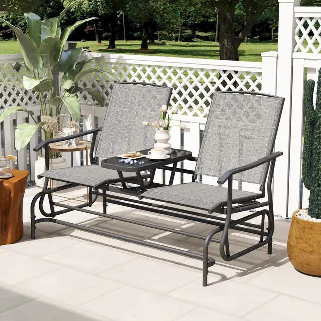Alt view image 4 of 6 - 2 Person Swing Glider Chair, Patio Rocking Loveseat w/Center Tempered Glass Table, Outdoor Swing Bench w/Steel Frame & Breathable Mesh Fabric for Porch, Balcony, Poolside (Grey)