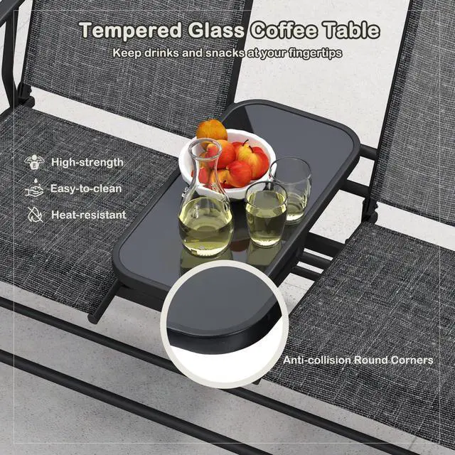 Alt view image 5 of 6 - 2 Person Swing Glider Chair, Patio Rocking Loveseat w/Center Tempered Glass Table, Outdoor Swing Bench w/Steel Frame & Breathable Mesh Fabric for Porch, Balcony, Poolside (Grey)