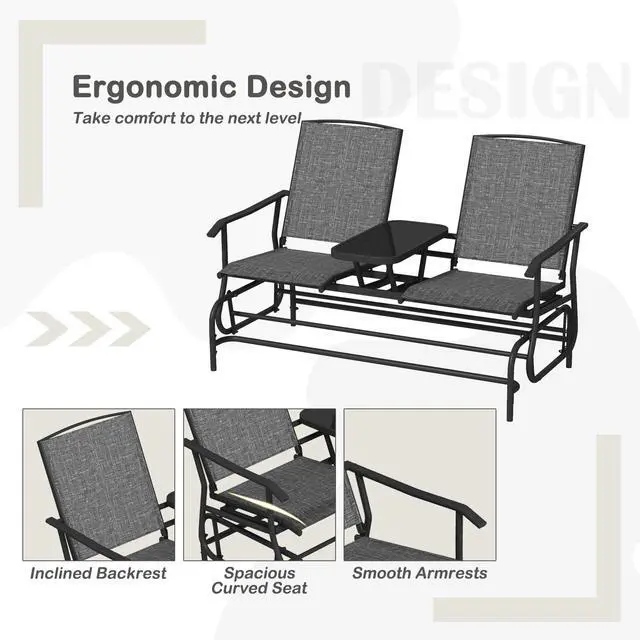 Alt view image 6 of 6 - 2 Person Swing Glider Chair, Patio Rocking Loveseat w/Center Tempered Glass Table, Outdoor Swing Bench w/Steel Frame & Breathable Mesh Fabric for Porch, Balcony, Poolside (Grey)