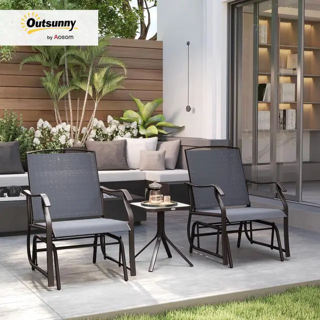 Alt view image 2 of 6 - 3 Piece Outdoor Glider Chair with Coffee Table Bistro Set, 2 Patio Rocking Swing Chairs with Breathable Sling Fabric, Glass Tabletop, for Backyard, Garden and Porch, Gray