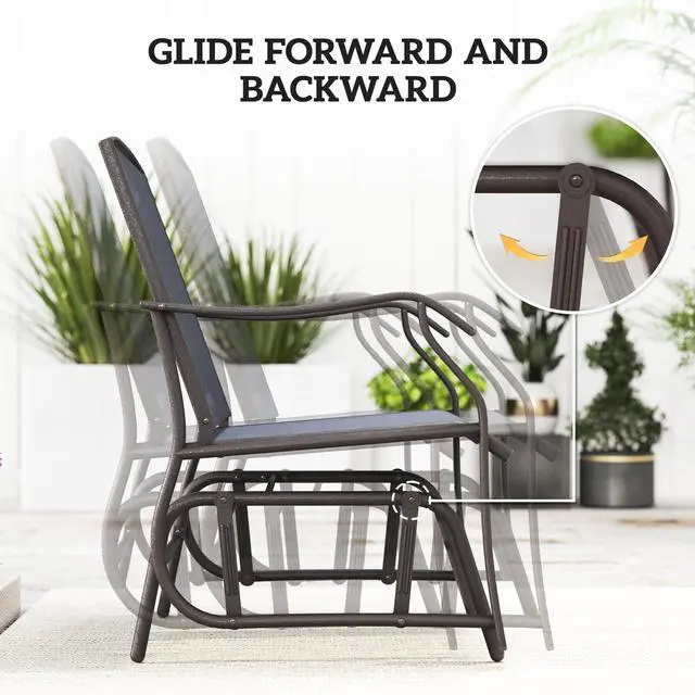 Alt view image 4 of 6 - 3 Piece Outdoor Glider Chair with Coffee Table Bistro Set, 2 Patio Rocking Swing Chairs with Breathable Sling Fabric, Glass Tabletop, for Backyard, Garden and Porch, Gray