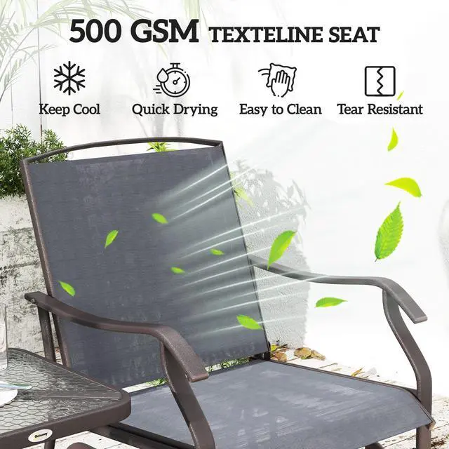 Alt view image 5 of 6 - 3 Piece Outdoor Glider Chair with Coffee Table Bistro Set, 2 Patio Rocking Swing Chairs with Breathable Sling Fabric, Glass Tabletop, for Backyard, Garden and Porch, Gray