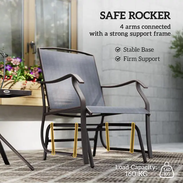 Alt view image 6 of 6 - 3 Piece Outdoor Glider Chair with Coffee Table Bistro Set, 2 Patio Rocking Swing Chairs with Breathable Sling Fabric, Glass Tabletop, for Backyard, Garden and Porch, Gray