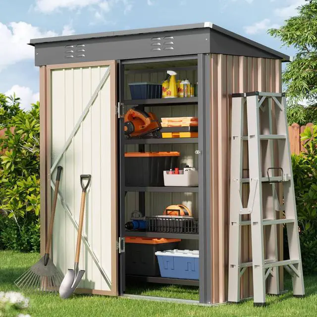 Main image of Outdoor Storage Shed Clearance, Metal Outdoor Storage Cabinet, Waterproof Tool Shed, Lockable Backyard Sheds for Garden, Patio and Lawn (Brown, 5' x 3')