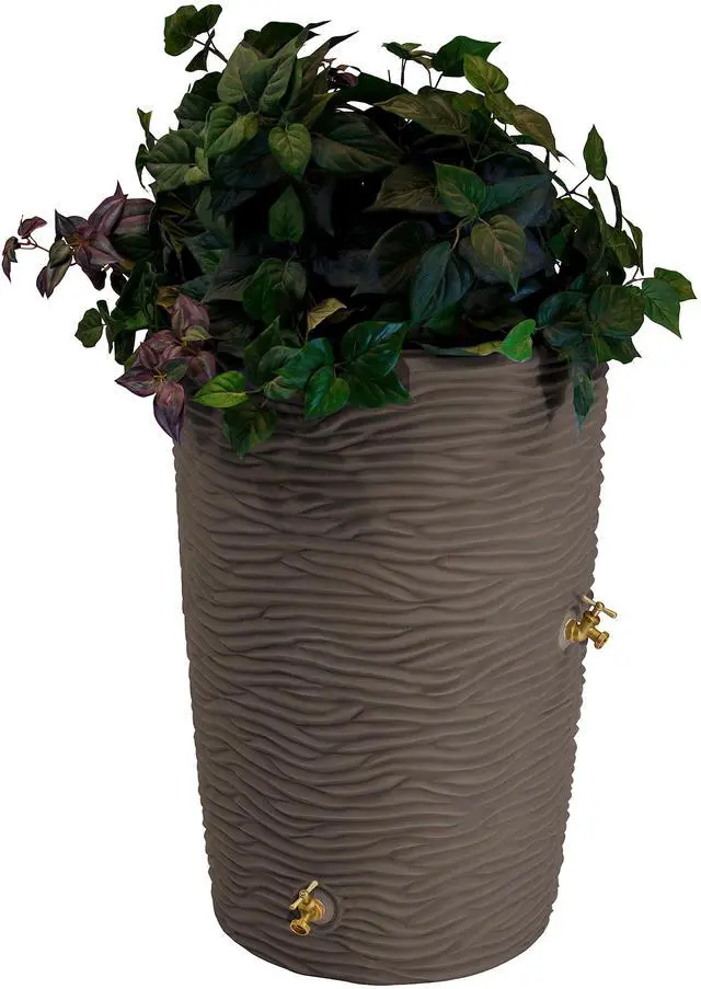 Main image of Impressions 50-Gallon Rain Saver Barrel Faux Palm Trunk Surface, Dual Spigot Locations with 2 Brass Spigots and Screen, Oak