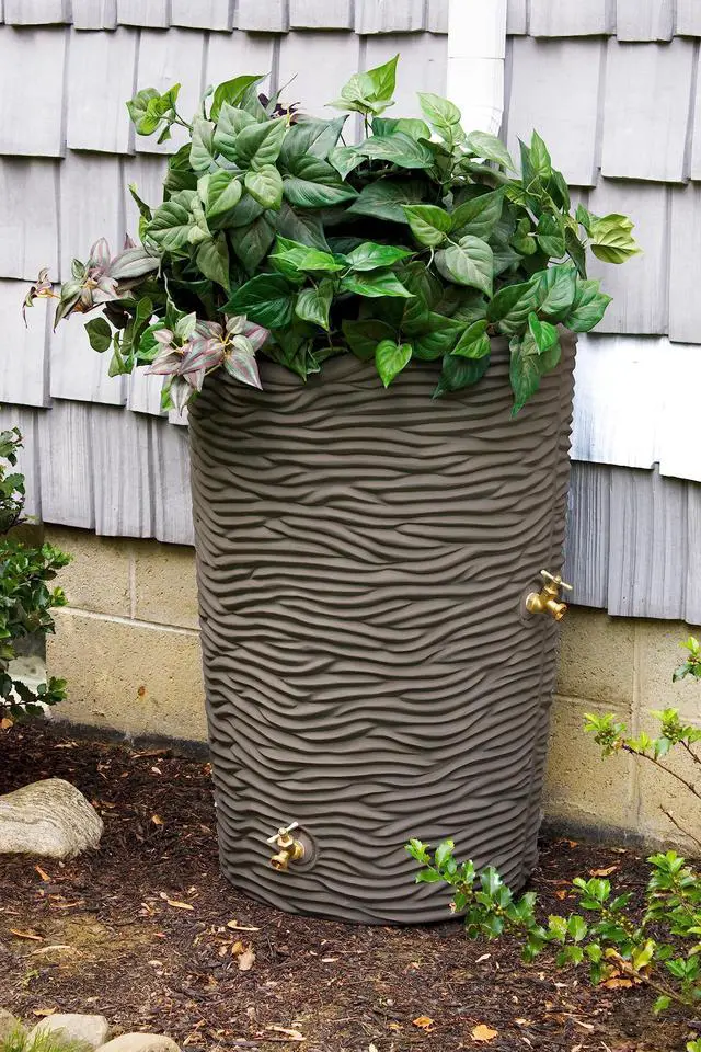 Alt view image 2 of 6 - Impressions 50-Gallon Rain Saver Barrel Faux Palm Trunk Surface, Dual Spigot Locations with 2 Brass Spigots and Screen, Oak
