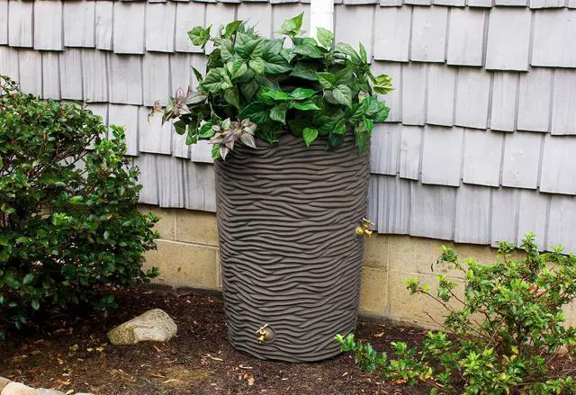 Alt view image 3 of 6 - Impressions 50-Gallon Rain Saver Barrel Faux Palm Trunk Surface, Dual Spigot Locations with 2 Brass Spigots and Screen, Oak