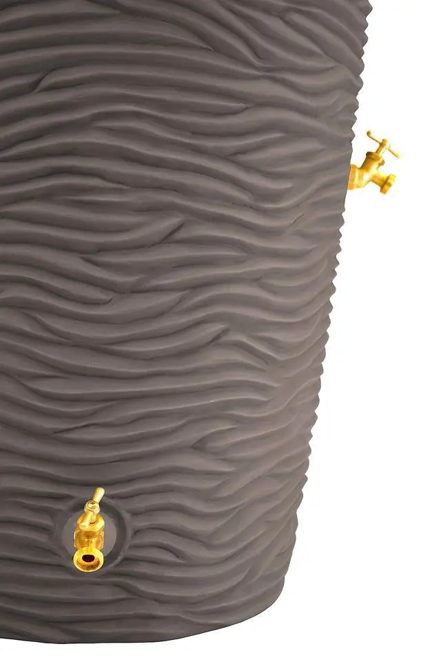 Alt view image 4 of 6 - Impressions 50-Gallon Rain Saver Barrel Faux Palm Trunk Surface, Dual Spigot Locations with 2 Brass Spigots and Screen, Oak