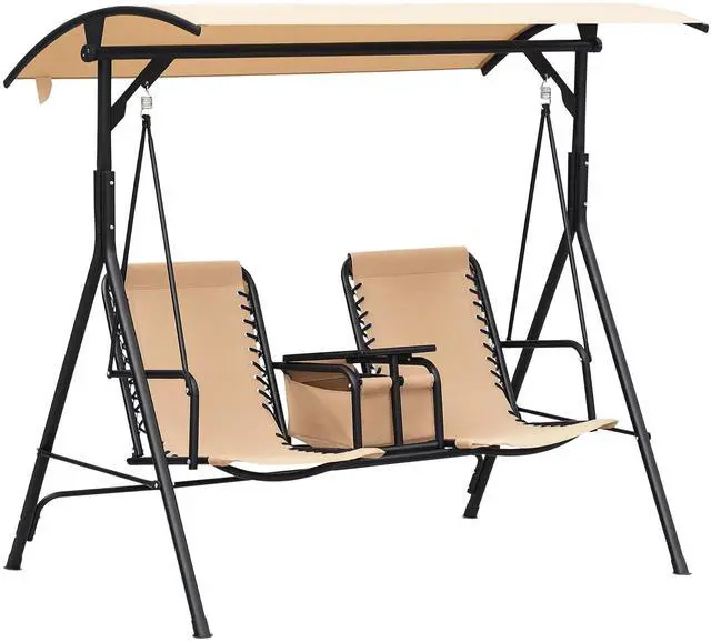 Main image of 2-Seater Patio Swing Chair, Outdoor Canopy Swing Glider with Pivot Storage Table, Cup Holder, Adjustable Shade, Bungie Seat Suspension and Weather Resistant Steel Frame, Beige
