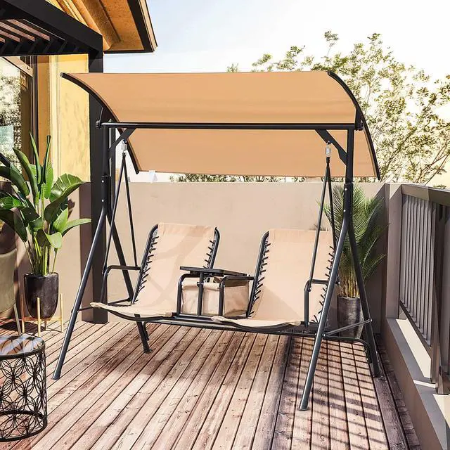 Alt view image 2 of 6 - 2-Seater Patio Swing Chair, Outdoor Canopy Swing Glider with Pivot Storage Table, Cup Holder, Adjustable Shade, Bungie Seat Suspension and Weather Resistant Steel Frame, Beige