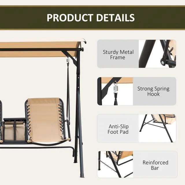 Alt view image 6 of 6 - 2-Seater Patio Swing Chair, Outdoor Canopy Swing Glider with Pivot Storage Table, Cup Holder, Adjustable Shade, Bungie Seat Suspension and Weather Resistant Steel Frame, Beige