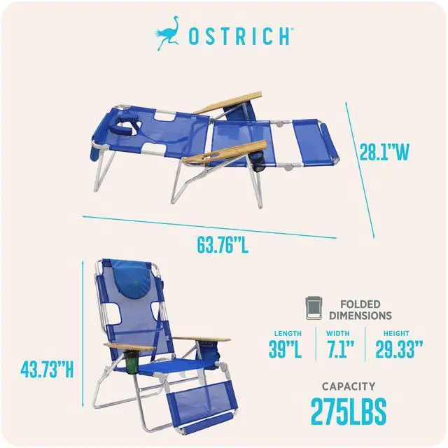 Alt view image 3 of 6 - Altitude 3N1 Lightweight Lawn Beach Reclining Lounge Chair w/Footrest, Outdoor Furniture for Patio, Balcony, Backyard, or Porch, Blue Stripe