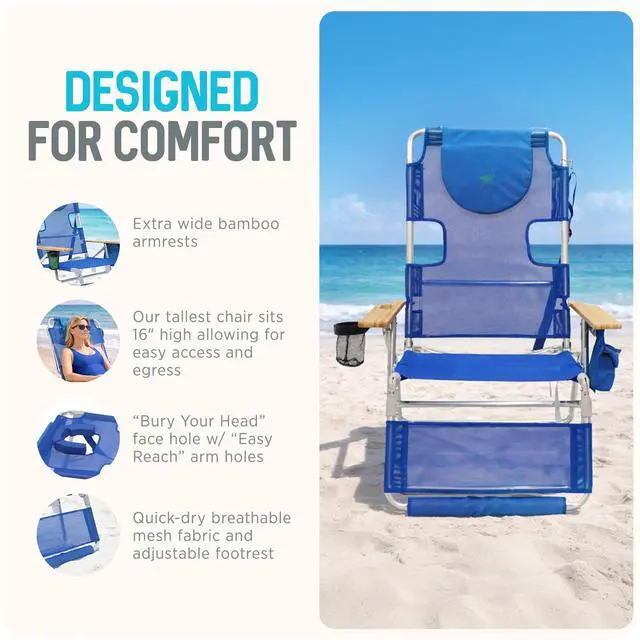 Alt view image 5 of 6 - Altitude 3N1 Lightweight Lawn Beach Reclining Lounge Chair w/Footrest, Outdoor Furniture for Patio, Balcony, Backyard, or Porch, Blue Stripe