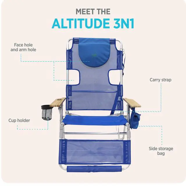 Alt view image 6 of 6 - Altitude 3N1 Lightweight Lawn Beach Reclining Lounge Chair w/Footrest, Outdoor Furniture for Patio, Balcony, Backyard, or Porch, Blue Stripe