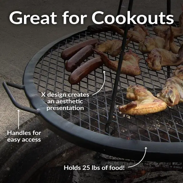 Alt view image 2 of 6 - Sunnydaze X-Marks Outdoor Fire Pit Grill Grate for Cooking - Round Fire Pit Grate - Steel Campfire BBQ Grill with Handles - 36-Inch