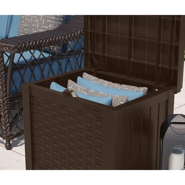 Alt view image 5 of 6 - 2 Pack 22-Gallon Small Deck Box - Lightweight Resin Storage Container and Seat for Patio Cushions and Gardening Tools - Store Items on Patio, Garage, 22.5"L x 17"W x 22.5"H, Yard - Java Brown