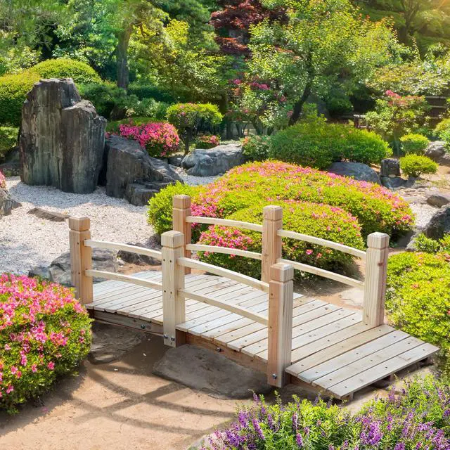 Alt view image 2 of 6 - Fir Wood Garden Bridge Arc Walkway with Side Railings for Backyards, Gardens, and Streams, Natural Wood, 60" x 26.5" x 19"