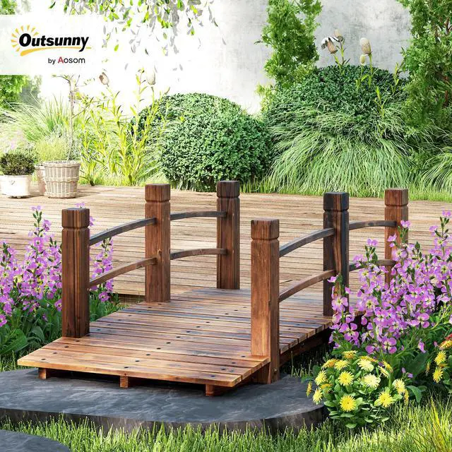 Alt view image 2 of 6 - Fir Wood Garden Bridge Arc Walkway with Side Railings for Backyards, Gardens, and Streams, Stained Wood, 60" x 26.5" x 19"