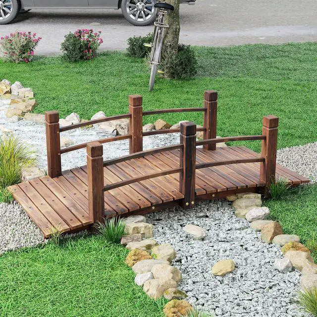 Alt view image 6 of 6 - Fir Wood Garden Bridge Arc Walkway with Side Railings for Backyards, Gardens, and Streams, Stained Wood, 60" x 26.5" x 19"