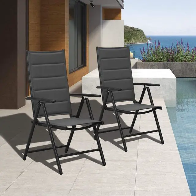 Main image of Outdoor Patio Folding Chair Set of 2, Outdoor Reclining Camping Chairs with Soft Cotton-Padded Seat Adjustable High Backrest Portable Chairs, Black
