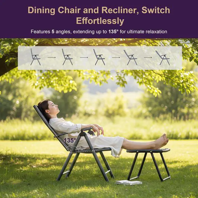 Alt view image 3 of 6 - Outdoor Patio Folding Chair Set of 2, Outdoor Reclining Camping Chairs with Soft Cotton-Padded Seat Adjustable High Backrest Portable Chairs, Black