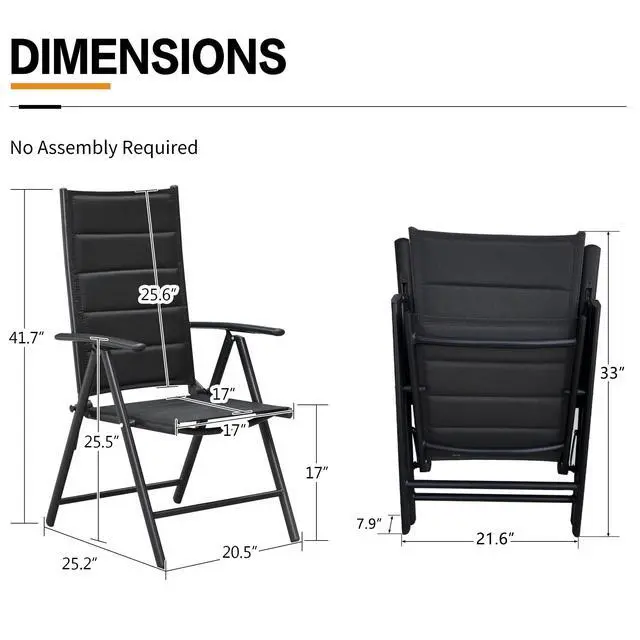 Alt view image 6 of 6 - Outdoor Patio Folding Chair Set of 2, Outdoor Reclining Camping Chairs with Soft Cotton-Padded Seat Adjustable High Backrest Portable Chairs, Black