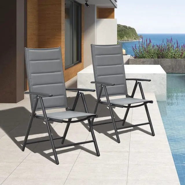 Alt view image 2 of 6 - Outdoor Patio Folding Chairs Set of 2, Outdoor Reclining Camping Chairs with Soft Cotton-Padded Seat Adjustable High Backrest Portable Chairs, Grey