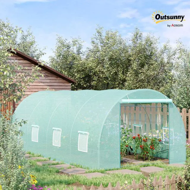 Alt view image 2 of 6 - 20' x 10' x 7' Walk-in Tunnel Greenhouse with Zippered Door & 8 Mesh Windows, Large Garden Green House Kit, Galvanized Steel Frame, Green