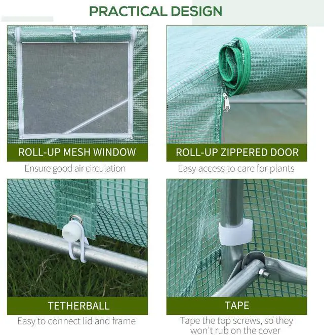 Alt view image 4 of 6 - 20' x 10' x 7' Walk-in Tunnel Greenhouse with Zippered Door & 8 Mesh Windows, Large Garden Green House Kit, Galvanized Steel Frame, Green