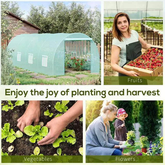 Alt view image 6 of 6 - 20' x 10' x 7' Walk-in Tunnel Greenhouse with Zippered Door & 8 Mesh Windows, Large Garden Green House Kit, Galvanized Steel Frame, Green
