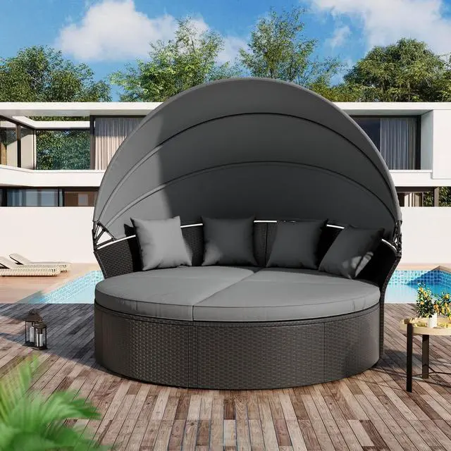 Main image of Outdoor Patio Canopy Bed Round Daybed with Washable Cushions, Clamshell Sectional Seating Wicker Furniture with Retractable Canopy Furniture for Backyard, Porch, Pool (Black)