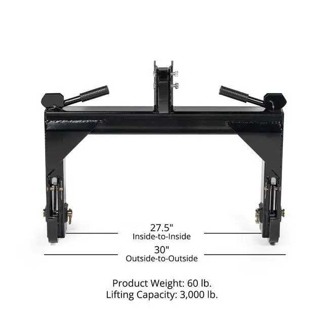 Alt view image 2 of 6 - 3 Point Quick Hitch Adaption to Category 1 Tractors, 3000 LB Lifting Capacity, 27.5" Between Lower Arms, 14.5" ~17.5" Level Adjustment, Black Finish