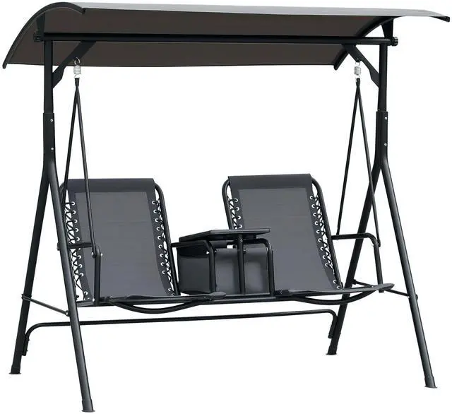 Main image of 2-Seater Patio Swing Chair, Outdoor Canopy Swing Glider with Pivot Storage Table, Cup Holder, Adjustable Shade, Bungie Seat Suspension and Weather Resistant Steel Frame, Gray