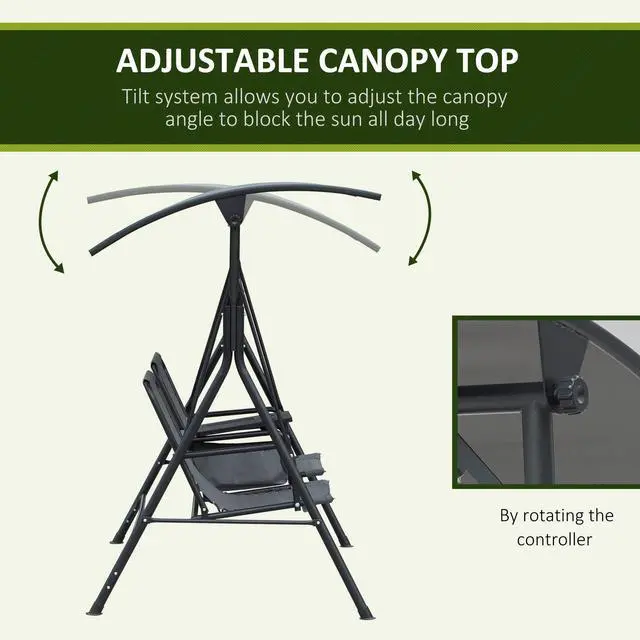 Alt view image 3 of 6 - 2-Seater Patio Swing Chair, Outdoor Canopy Swing Glider with Pivot Storage Table, Cup Holder, Adjustable Shade, Bungie Seat Suspension and Weather Resistant Steel Frame, Gray