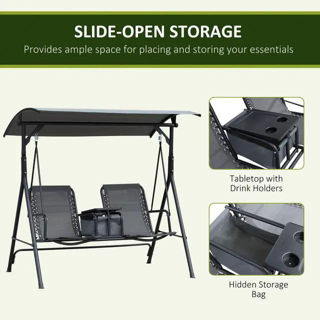 Alt view image 5 of 6 - 2-Seater Patio Swing Chair, Outdoor Canopy Swing Glider with Pivot Storage Table, Cup Holder, Adjustable Shade, Bungie Seat Suspension and Weather Resistant Steel Frame, Gray