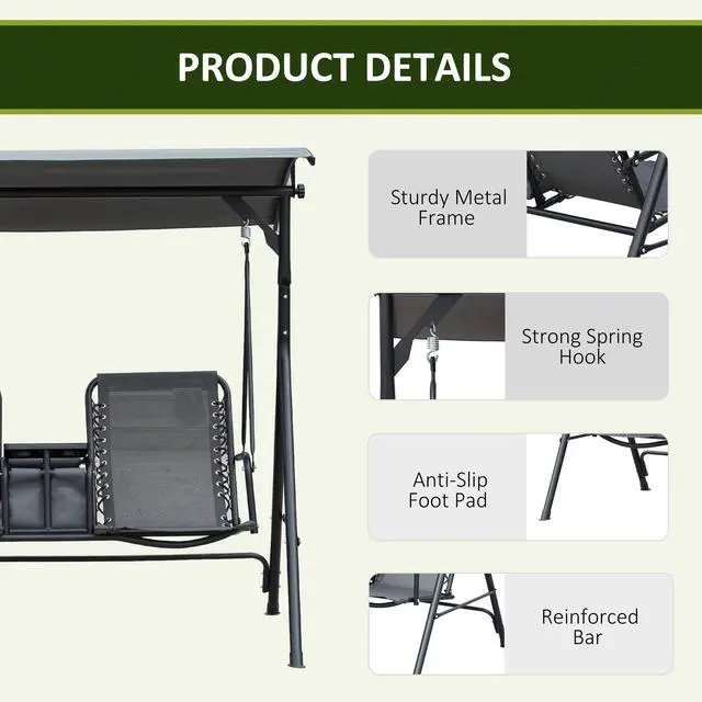 Alt view image 6 of 6 - 2-Seater Patio Swing Chair, Outdoor Canopy Swing Glider with Pivot Storage Table, Cup Holder, Adjustable Shade, Bungie Seat Suspension and Weather Resistant Steel Frame, Gray