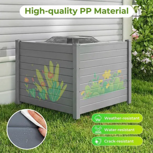 Alt view image 2 of 6 - 2 Panels Air Conditioner Fence, 48''W x 36''H Outdoor Privacy Screen with Metal Stakes, No-Dig Decorative Trash Can Enclosure, PP Freestanding Fences for Garden Lawn AC Unit Pool Pump, Gray