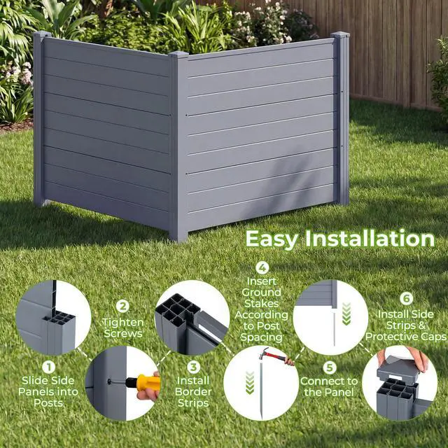Alt view image 4 of 6 - 2 Panels Air Conditioner Fence, 48''W x 36''H Outdoor Privacy Screen with Metal Stakes, No-Dig Decorative Trash Can Enclosure, PP Freestanding Fences for Garden Lawn AC Unit Pool Pump, Gray