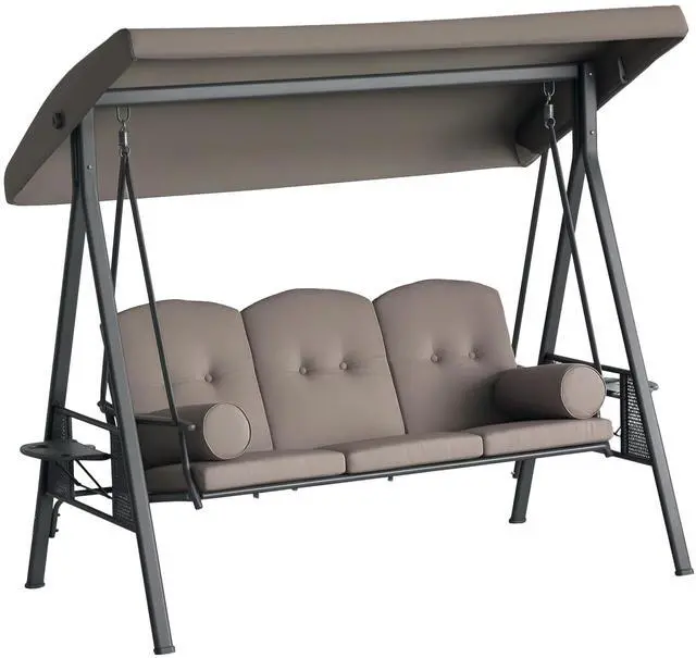 Main image of 3-Seat Patio Swing Chair, Outdoor Porch Swing Glider with Adjustable Canopy, Removable Cushion, Pillows and Side Trays, for Garden, Poolside, Backyard, Brown