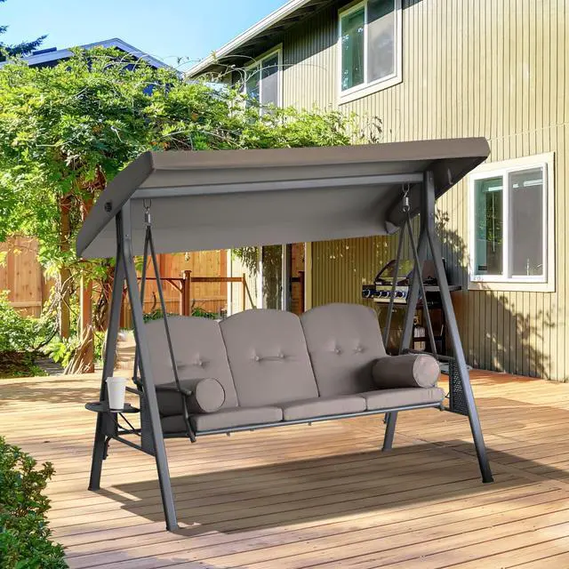 Alt view image 2 of 6 - 3-Seat Patio Swing Chair, Outdoor Porch Swing Glider with Adjustable Canopy, Removable Cushion, Pillows and Side Trays, for Garden, Poolside, Backyard, Brown