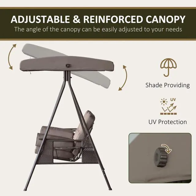 Alt view image 3 of 6 - 3-Seat Patio Swing Chair, Outdoor Porch Swing Glider with Adjustable Canopy, Removable Cushion, Pillows and Side Trays, for Garden, Poolside, Backyard, Brown
