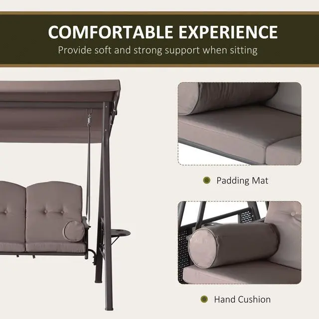 Alt view image 5 of 6 - 3-Seat Patio Swing Chair, Outdoor Porch Swing Glider with Adjustable Canopy, Removable Cushion, Pillows and Side Trays, for Garden, Poolside, Backyard, Brown