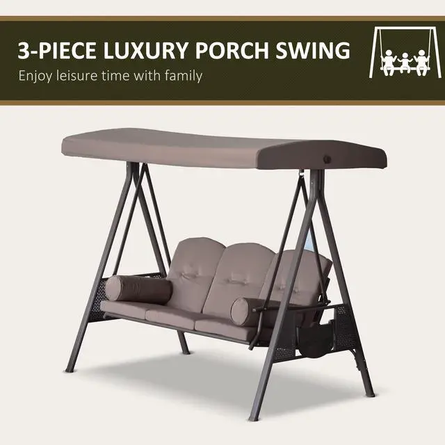 Alt view image 6 of 6 - 3-Seat Patio Swing Chair, Outdoor Porch Swing Glider with Adjustable Canopy, Removable Cushion, Pillows and Side Trays, for Garden, Poolside, Backyard, Brown