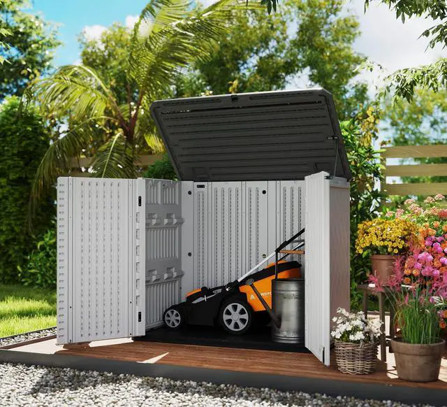 Alt view image 2 of 6 - Storage Shed Weather Resistance, Multi-Purpose Outdoor Storage Cabinet for Backyards and Patios, 26 Cu.ft Capacity Horizontal Storage Shed for Bike, Lawnmower, Trash Cans, Patio Accessories