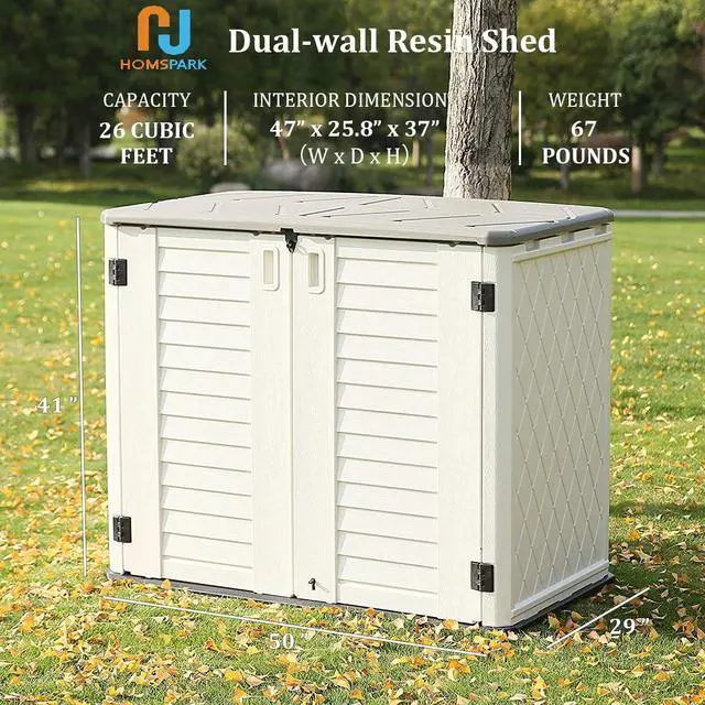 Alt view image 3 of 6 - Storage Shed Weather Resistance, Multi-Purpose Outdoor Storage Cabinet for Backyards and Patios, 26 Cu.ft Capacity Horizontal Storage Shed for Bike, Lawnmower, Trash Cans, Patio Accessories