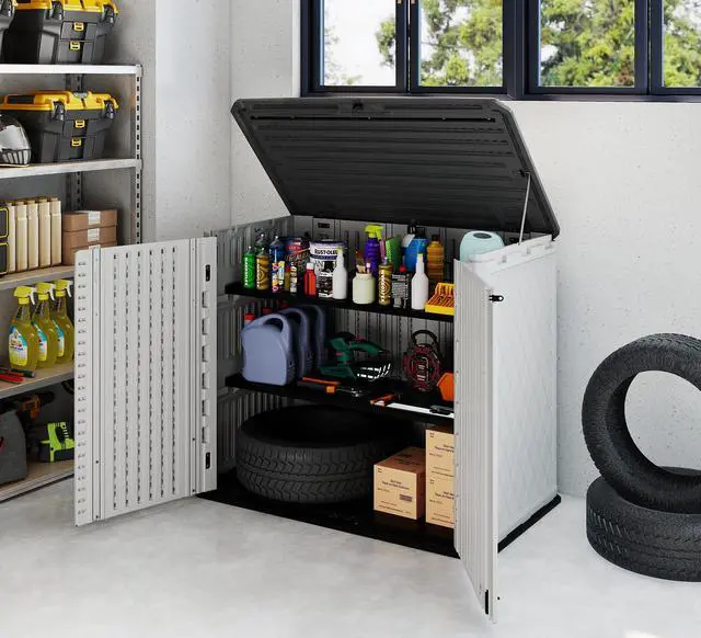 Alt view image 5 of 6 - Storage Shed Weather Resistance, Multi-Purpose Outdoor Storage Cabinet for Backyards and Patios, 26 Cu.ft Capacity Horizontal Storage Shed for Bike, Lawnmower, Trash Cans, Patio Accessories