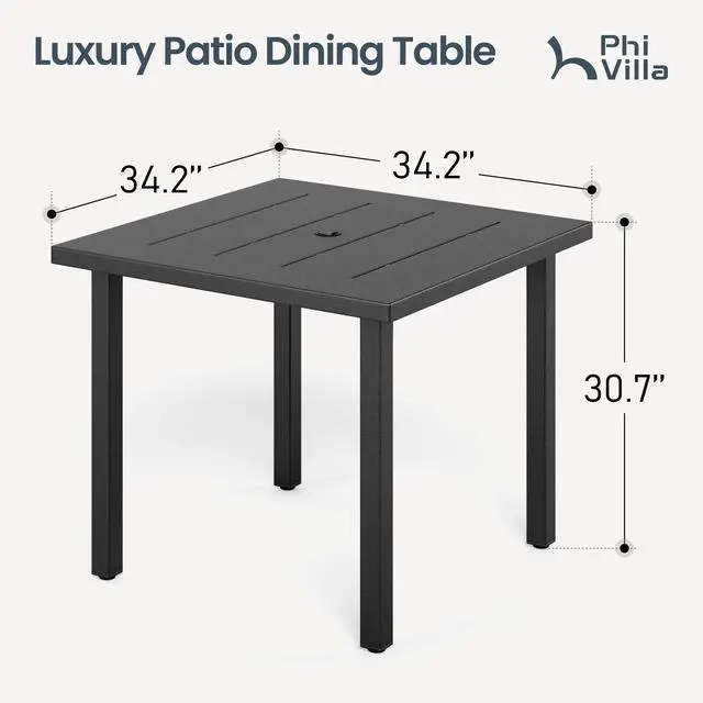 Alt view image 2 of 6 - 34" Outdoor Patio Table for 4, Slatted Wrought Iron Dining Table with Umbrella Hole, Minimalist Outside Metal Furniture for Deck, Porch, Backyard - Black