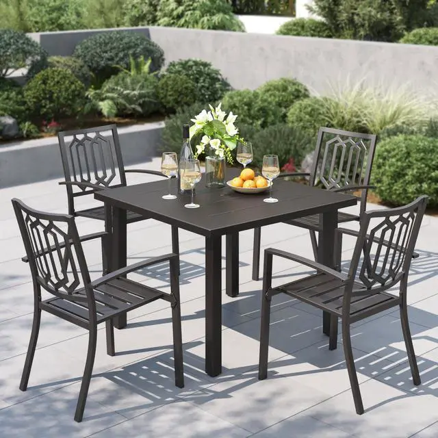 Alt view image 3 of 6 - 34" Outdoor Patio Table for 4, Slatted Wrought Iron Dining Table with Umbrella Hole, Minimalist Outside Metal Furniture for Deck, Porch, Backyard - Black