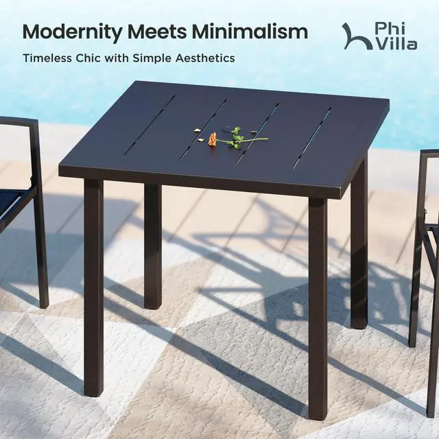 Alt view image 4 of 6 - 34" Outdoor Patio Table for 4, Slatted Wrought Iron Dining Table with Umbrella Hole, Minimalist Outside Metal Furniture for Deck, Porch, Backyard - Black