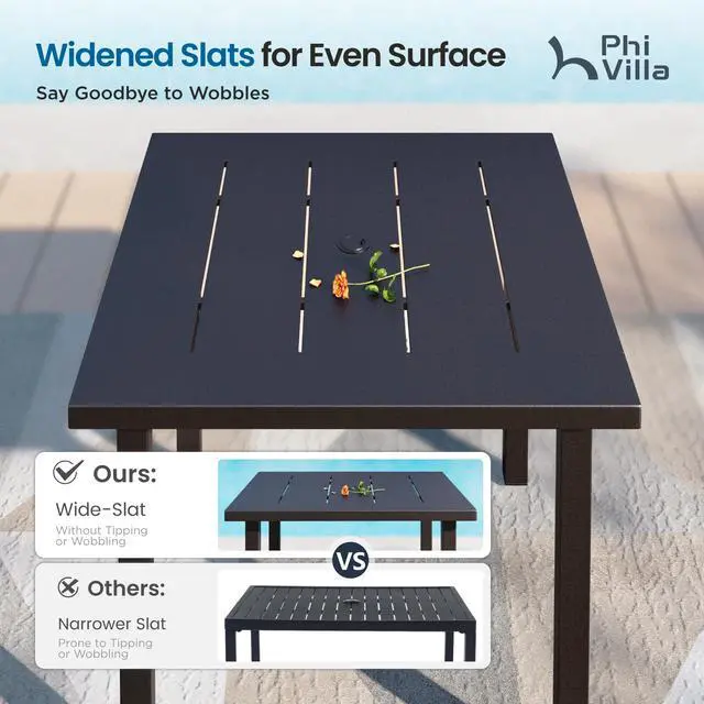 Alt view image 6 of 6 - 34" Outdoor Patio Table for 4, Slatted Wrought Iron Dining Table with Umbrella Hole, Minimalist Outside Metal Furniture for Deck, Porch, Backyard - Black